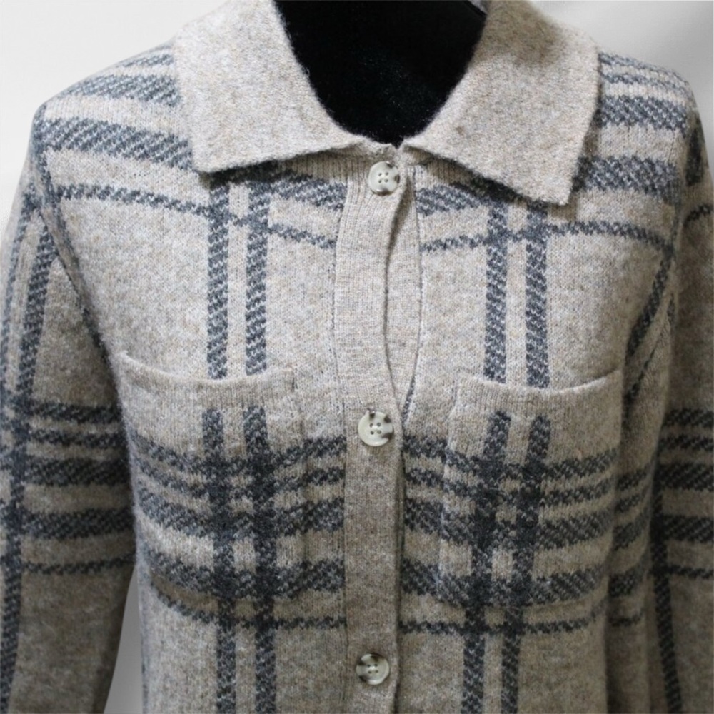 Jessica Simpson Plaid Long Button Cardigan Wool Bleed Sweater Brown Gray Small S